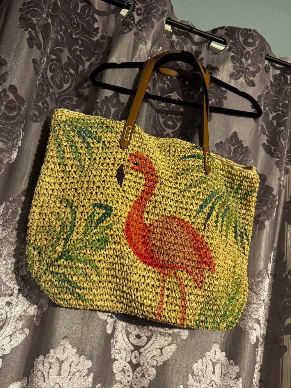 INC International Concepts Flamingo Straw Tote Beach Bag